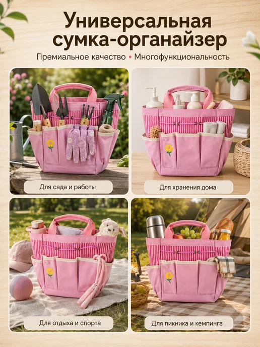 Сумка органайзер садовая для инструментов, розовый, фото 4