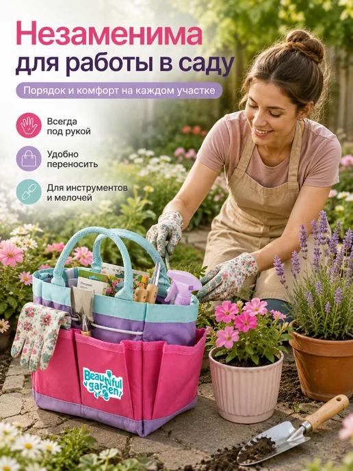 Сумка органайзер садовая для инструментов, фиолетовый