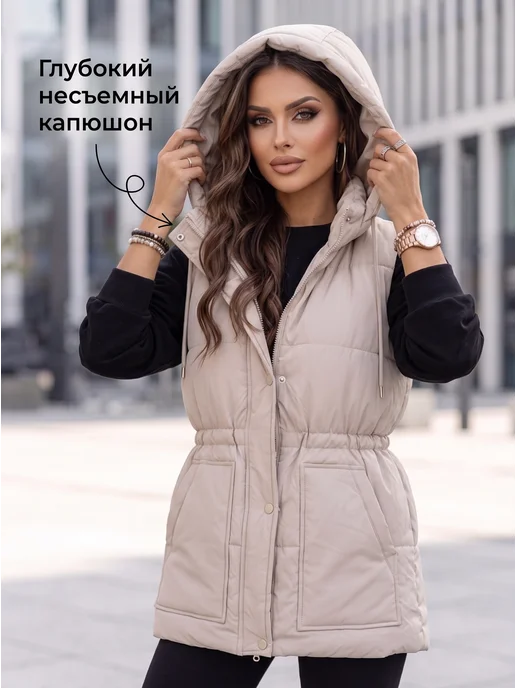 Sofiny Жилетка утепленная осенне-весенняя с капюшоном, белый, фото 4