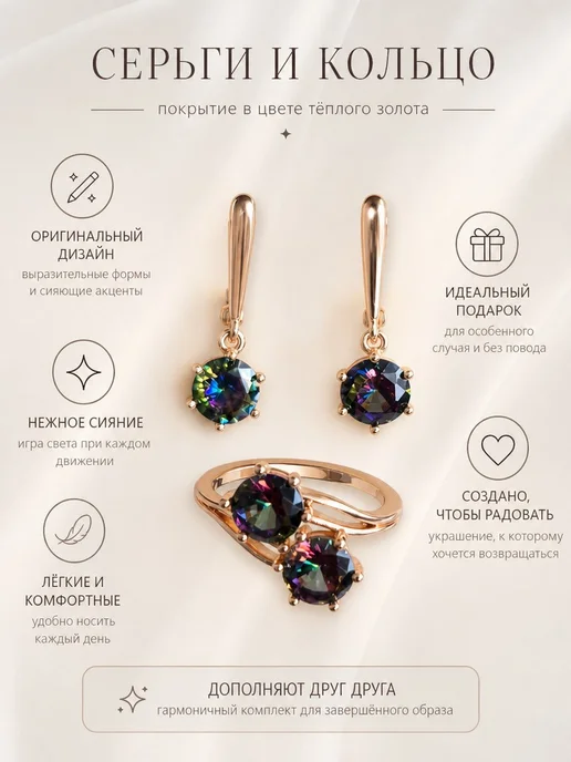 ZLATTO Комплект серьги и кольцо с фианитами, зеленый, фото 7