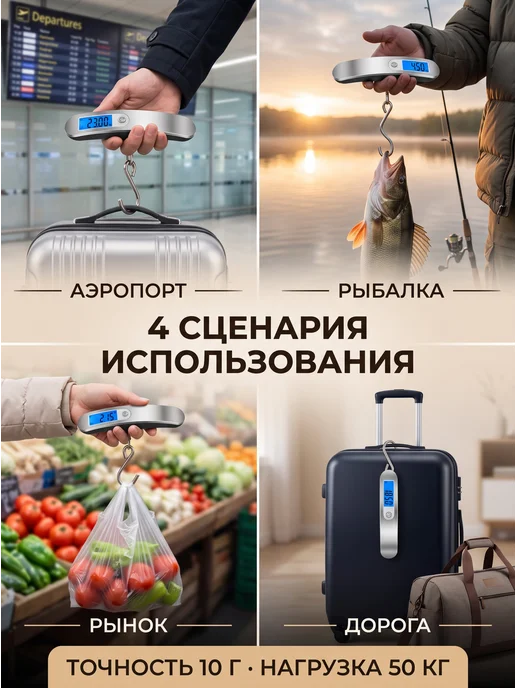 Весы электронные ручные с крючком для чемодана и рыбалки, серый, фото 2