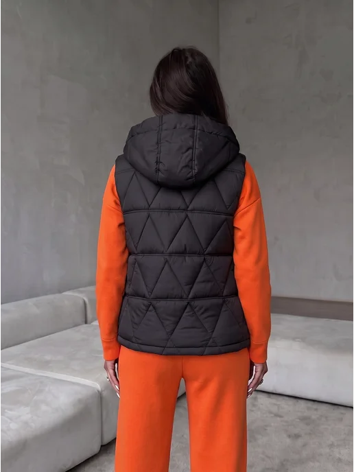 LuMini Style Жилетка утепленная осенне-весенняя с капюшоном, черный, фото 2
