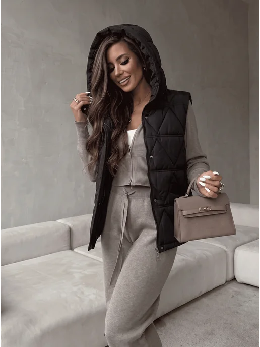 LuMini Style Жилетка утепленная осенне-весенняя с капюшоном, черный, фото 6