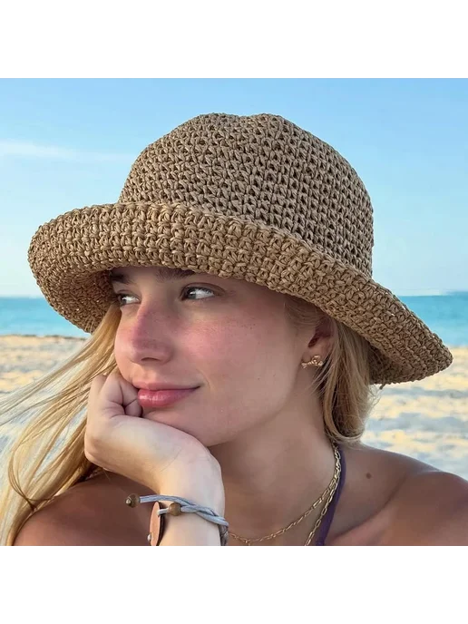 Женская летняя соломенная панама Sun hat, бежевый, фото 2