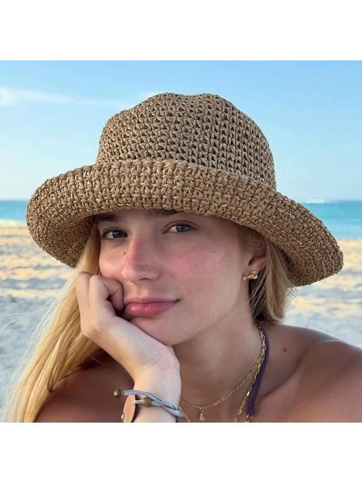 Женская летняя соломенная панама Sun hat, коричневый, фото 3