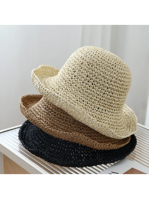 Женская летняя соломенная панама Sun hat, черный, фото 6