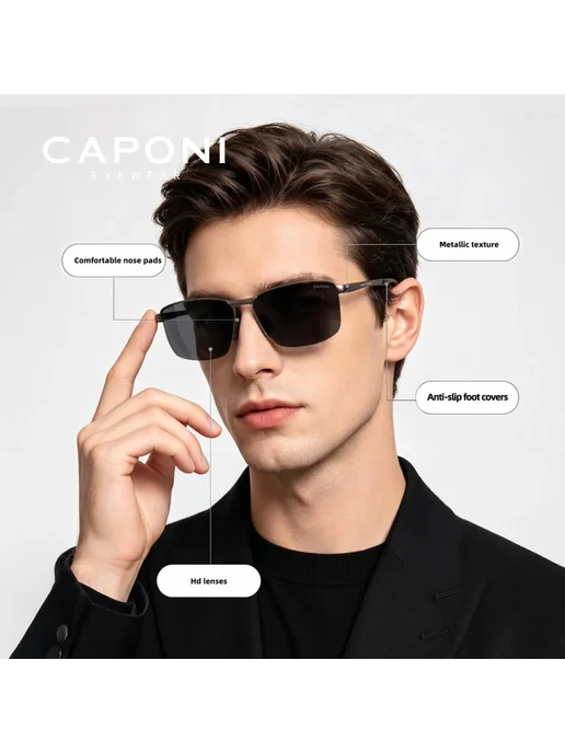 CAPONI Солнцезащитные очки мужские, серые линзы, серый, фото 3