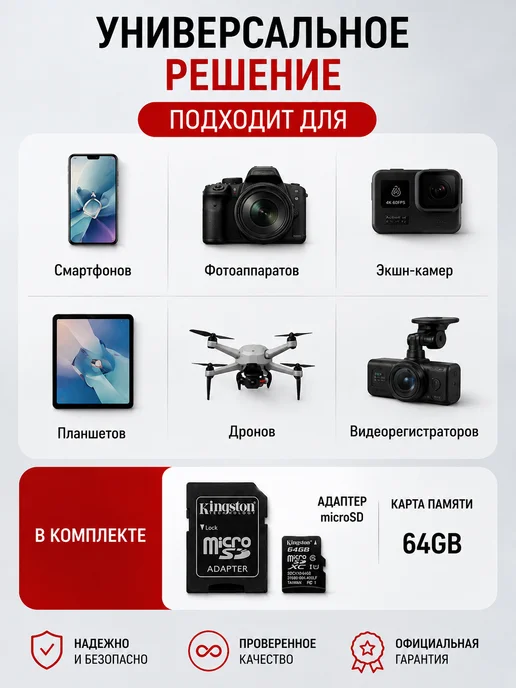 САЛ100 Kingston Canvas Select 64GB microSDXC флеш карта с адаптером, 64 ГБ, фото 4