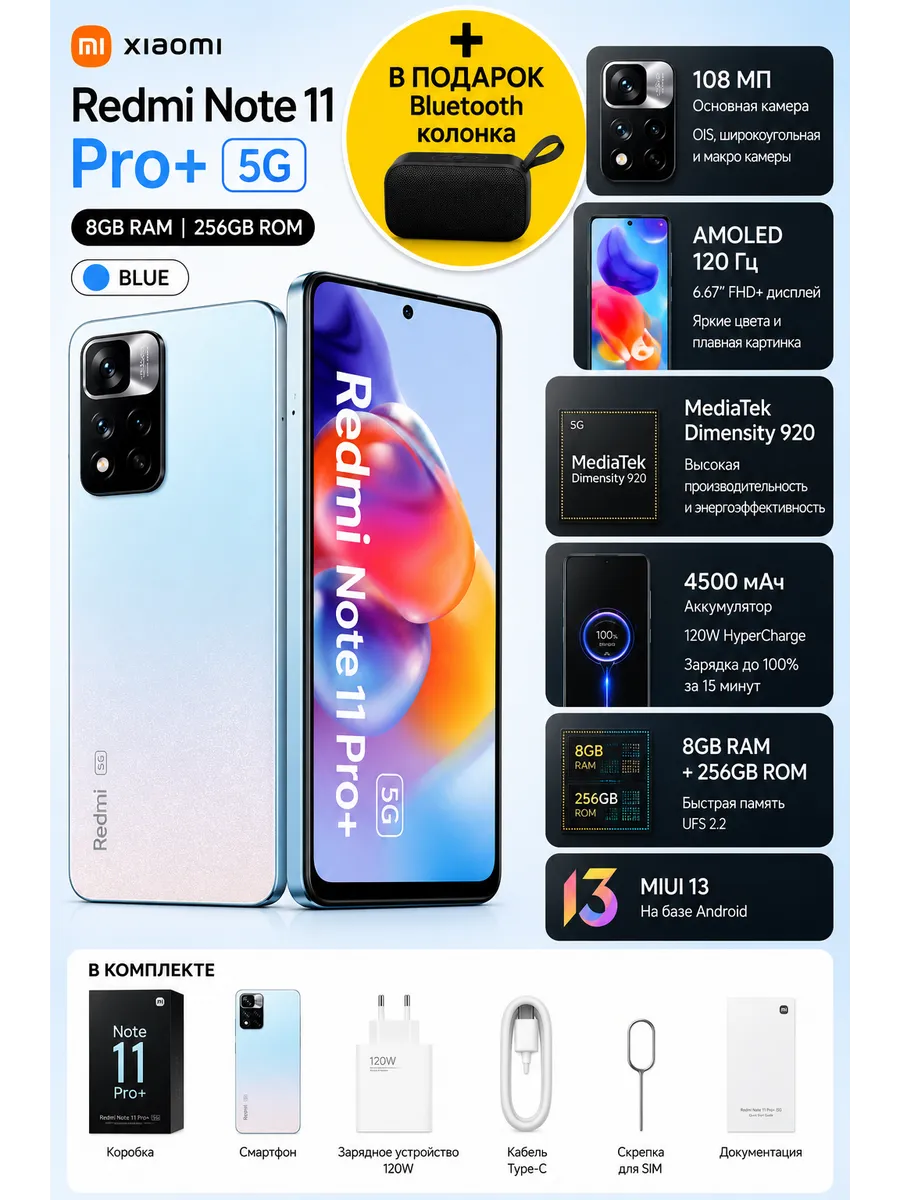 Xiaomi Redmi Note 11 Pro+ 5G 8 256gb Синий + Bluetooth колонка