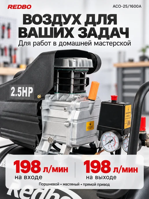 Redbo Компрессор воздушный 220 в ACO-25 1600A с набором, вариант, фото 6